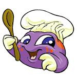 Smiling purple Kiko chef, holding a spoon